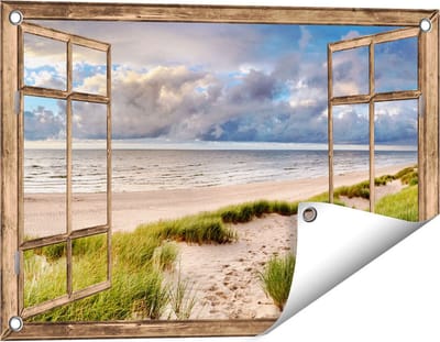 Gards Tuinposter Doorkijk Strand en Duinen met Bewolking - 60x40 cm - Tuindoek - Tuindecoratie - Wanddecoratie buiten - Tuinschilderij