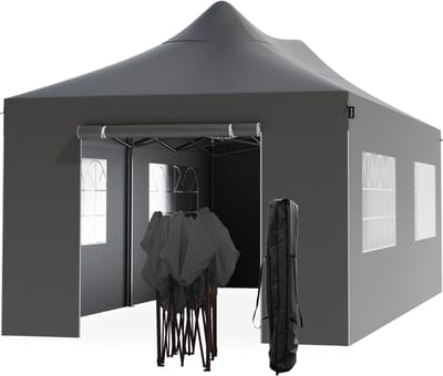 LifeGoods Partytent - Paviljoen - EasyUp - Opvouwbaar - 4 Zijwanden - Waterdicht - Met Draagtas met wieltjes - 300 x 600 cm - Antraciet