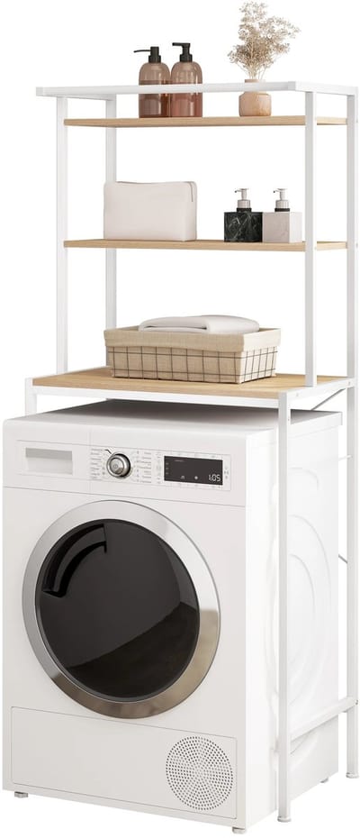 LabelOne Wasmachine Kast - Wasmachine Ombouw - Wasmachine Rek - Opbergrek - 3 planken - metalen frame - 67x40x162 cm - wit/hout