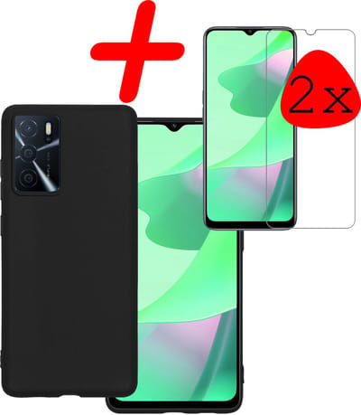 Hoesje Met 2x Screenprotector - Geschikt voor OPPO A16s - Sterk & Shockproof - Back Cover - Siliconen Case - Telefoon Hoes - Zwart