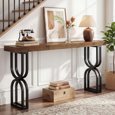 LITTLE TREE Console Tafel - 150 x 30 x 82 Cm - Massief Hout - Industrieel - U-Vormige Metalen Onderstel - Multifunctionele Banktafel - Voor Hal, Entree En Woonkamer - Zwart En Bruin