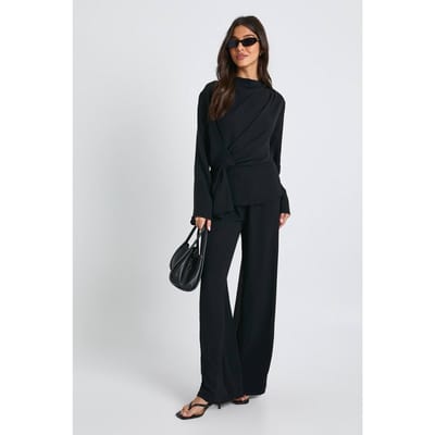 boohoo Dames Geweven draperende lange mouw blouse & broek co-ord | Black | Maat: 6