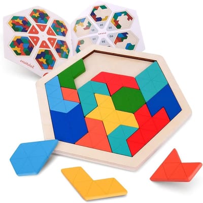 Houten Puzzel voor Kinderen - Hexagon Vorm Blokken, Tangram Logisch IQ Spel, STEM Montessori Speelgoed voor Tieners en Jongeren