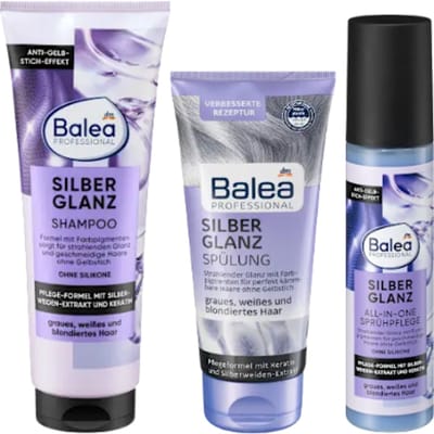 Balea Professionele Zilverglans - Set van 3 - Shampoo, Conditioner & Verzorgingsspray - Anti-vergelingseffect| Combiverpakking 1x250 ml, 1x 200ml 1x 150ml - met Zilverwilgenextract en Keratine | Voor Grijs, Wit en Gebleekt Haar