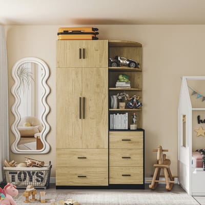 Sweiko Kledingkast - Met kledingstang - 5 lades - Opbergkast - Houtlook - Naturel + Zwart