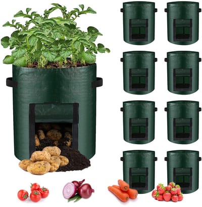 Plantzakken voor aardappelen - Geschikt voor aardappelen, groenten en planten – 35 x 30 cm - Materiaal: PE - Inhoud: 7 gallons (ca. 26 liter) - Breedte: 30 cm - Hoogte: 35 cm – Verpakking van 8 stuks