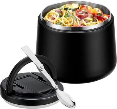 Thermos Container - Voedselwarmer Lunchbox - Warm Eten Meenemen - Lekvrij Met Lepel - 420 ml - Zwart
