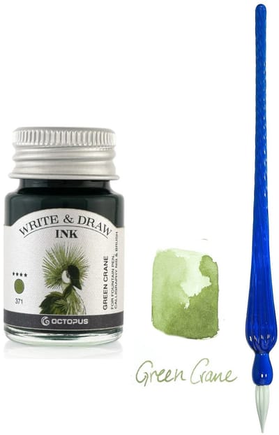 Glaspen - Glazen Dip Pen set in doosje - Blauw - Potje - Octopus - Vulpen inkt - green crane