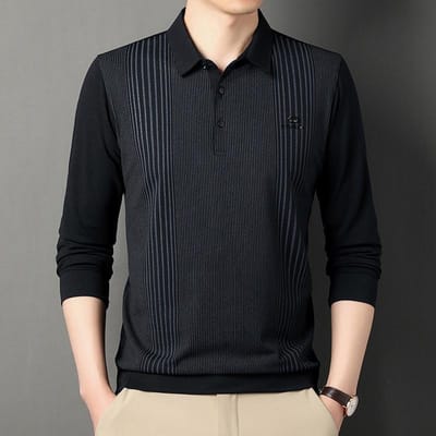 Polo met lange mouwen voor mannen van middelbare en oudere leeftijd Tops Lente en Herfst Nieuw Gestreept Bedrukt Zakelijk Casual T-shirt Mannen XXXXL black