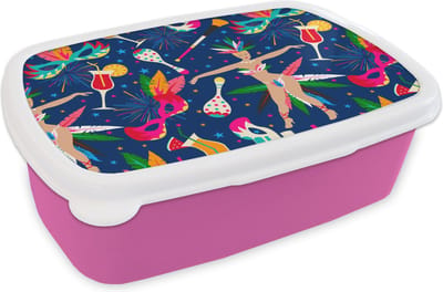 Broodtrommel Roze - Lunchbox - Brooddoos - Carnaval - Brazilië - Patronen - 18x12x6 cm - Kinderen - Meisje