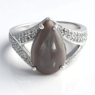 Cavill - Zilveren ring - 925 Sterling zilver - 3,49 ct Botswana peervormige agaat - 0,287 ct witte topaas - Modern elegant maat 17
