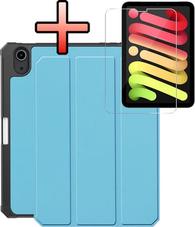 Hoes - Geschikt voor Apple iPad Mini 7 (2024) - 8.3 inch - 7e Generatie - Met Screenprotector - Trifold Bookcase - Hard Cover Case - Met Uitsparing Geschikt voor Apple Pencil - Hardcover Book - Tablet Hoesje - Lichtblauw