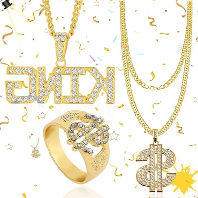 Hip Hop Kostuum Set met Dollar Ketting, Zonnebril en Gouden Ring - 80s en 90s Rapper Accessoires voor Mannen en Vrouwen, Perfect voor Feestjes en Thema-avonden