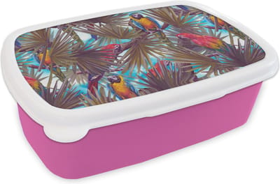 Broodtrommel Roze - Lunchbox - Brooddoos - Vintage - Papegaai - Regenboog - Jungle - 18x12x6 cm - Kinderen - Meisje