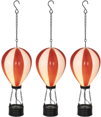 Lumineo solar luchtballon lantaarn - 3x - rood - H22 x D10 cm - kunststof - vlam effect - tuinverlichting