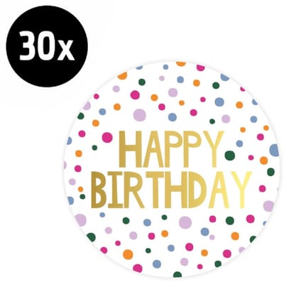 30x Sticker Happy Birthday Confetti - Goudfolie - Sluitsticker - Sluitzegel - Feeststicker Presentje - Enveloppe - Cadeau - Gift - Cadeauzakje - Traktatie - Leuk inpakken - Sticker - 50mm - 30 Stuks