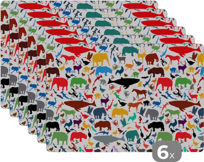 Placemat - Placemats kunststof - Regenboog - Dieren - Patronen - Kinderen - 45x30 cm - 6 stuks - Hittebestendig - Anti-Slip - Onderlegger - Afneembaar