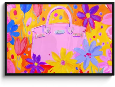Poster in lijst - Fotolijst 120x80 cm - Posters - Tas - Roze - Bloemen - Posterlijst zwart - Decoratie - Wanddecoratie woonkamer - Muurdecoratie slaapkamer
