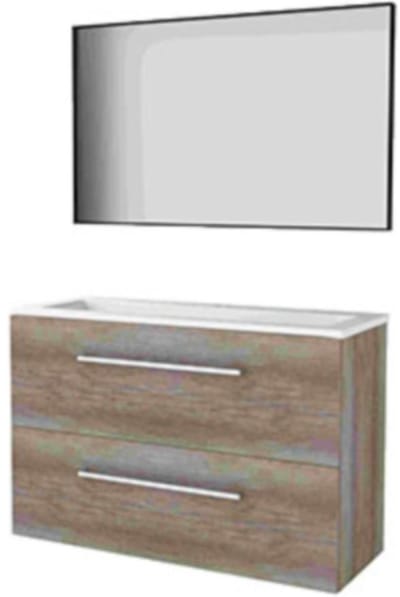 Basic-Line Framed 39 Badkamermeubelset - Ondiep - 100 x 39 cm - Met Grepen - 2 Lades - Acryl Wastafel - 2 Kraangaten - Spiegel met Zwart Aluminium Frame - Scotch Oak