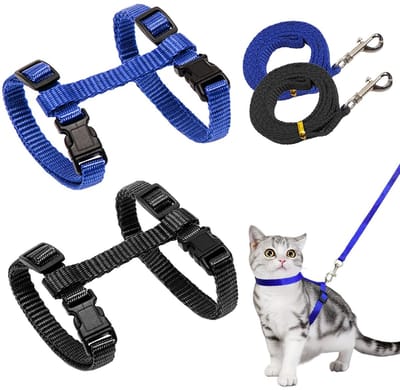 Allecto - Verstelbaar kattenharnas - Nylon kattenharnas - Ademend en comfortabel - Blauw - Geschikt voor kittens en puppy's - 2 stuks