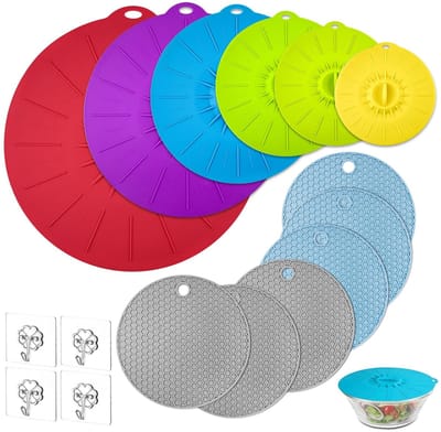 Dailygoods - Universele set siliconen deksels, 6 maten, herbruikbare siliconen deksels, met 6 antislippads en 4 kleefhaken, voor kommen, bekers, blikjes