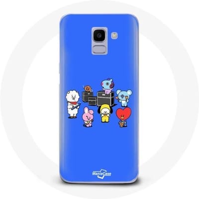 Coque pour Samsung Galaxy A8 2018 BTS BT21 Tata Chimmy Cooky Rj Koya Shooky Et Mang Jouent De la musique Fond Bleu