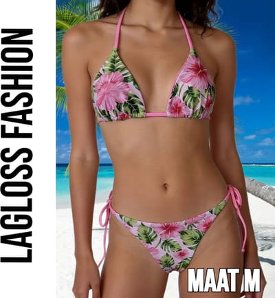 LaGloss® 2-delig Dames Roze Bloemen Bikini Set – Tropische Hibiscus Print Halter Bikini met Strikbroekje – Zomer mode – Beach Fashion – Maat M