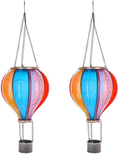 Cepewa Solar buiten luchtballon lantaarn - 2x - kleurenmix - hangend - 24 led lampjes - vlam effect - 19 x 62 cm - zonne-energie - tuinverlichting