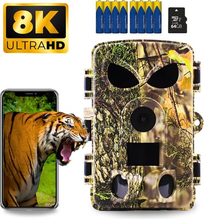 Professionele Wildcamera - 60 MP en 8K Ultra HD - Wildcamera met Nachtzicht en Wifi - Inclusief 8 Batterijen & 64GB SD Kaart - Nachtcamera - 2025 Model