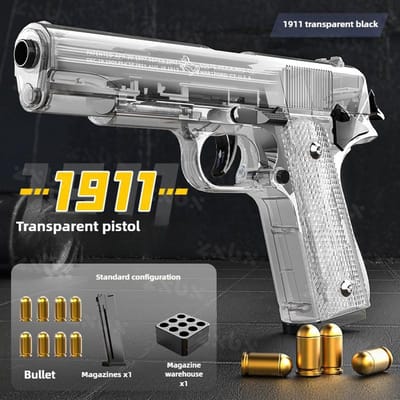 1911 Transparante Schaal Uitschietend Pistool Niet-vuurwapen Model met Magazijn Patronenhouder Jongens Speelgoedpistool voor Verjaardag Kerstcadeaus gray
