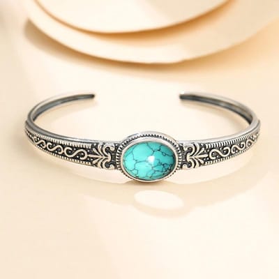 Bracelets pour Hommes et Femmes Motif Rétro Bracelets Turquoise Incrustés Bracelets Rétro Ouverts beige