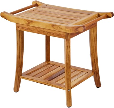 Teakhouten Douchebank,22 X 36 X 47 cm, Waterdicht, met Plank en Handgreep, Antislip, Draagvermogen 136 Kg, voor Badkamer, Binnen en Buiten