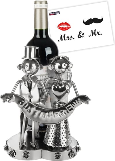 BRUBAKER Wijnfleshouder "Just Married" Bruidspaar - Metalen Flessenhouder Bruidspaar - Wijncadeau voor Huwelijk - Fleshouder Sculptuur Inclusief Cadeaukaart
