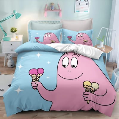 Schattige Cartoon Barbapapa Roze Beddengoedset, Dekbedovertrek Bedset Quiltovertrek Kussensloop, King Queen Twin Maat Jongens Meisjes Volwassenen EU Single 135x200cm