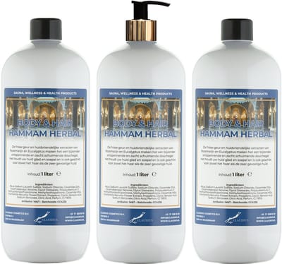Body & Hair Hammam Herbal 1 liter met gouden pomp - set van 3 stuks - 2 in 1 voor lichaam en haar - voordeelverpakking