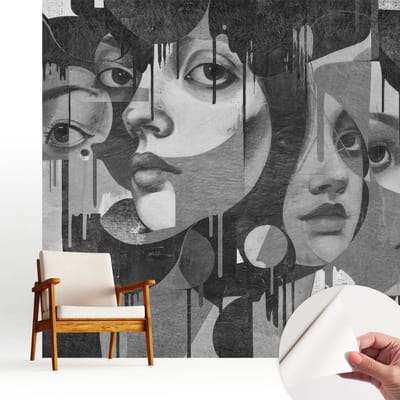 Wallfluent Zelfklevend Behang - Vrouwengezichten Stickerbehang op rol - 250x250 cm - Zwart-wit Zelfklevend Behang - Peel-and-stick techniek - Voor de woonkamer, voor het kantoor, voor de slaapkamer Zelfklevend Behang