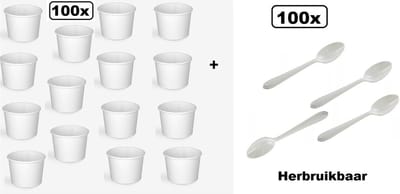 100x Soep beker wit karton 250ml + 100x herbruikbare lepels wit - Soep salade beker festival warme dranken maaltijd carnaval