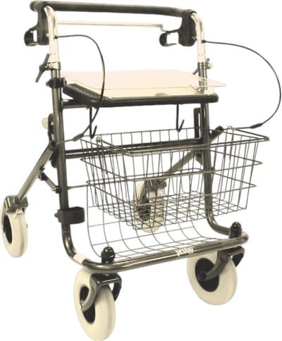 Rollator 43 cm zitbreedte - Premis Provo - Tot 120 kg - In hoogte verstelbaar - Duwstang met beugel-loop-rem onder - Incl mand, stokhouder en dienblad - Metallic Zwart