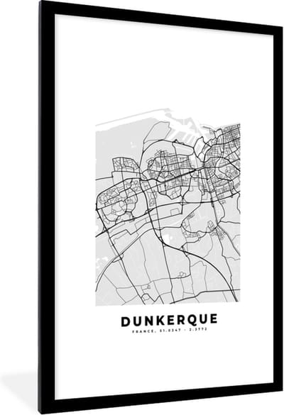 Fotolijst incl. Poster - Kaart - Stadskaart - Dunkerque - Plattegrond - Frankrijk - 80x120 cm - Posterlijst