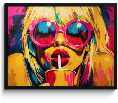 Poster in lijst - Fotolijst 80x60 cm - Posters - Zonnebril - Roze - Vrouw - Rietje - Posterlijst zwart - Decoratie - Wanddecoratie woonkamer - Muurdecoratie slaapkamer