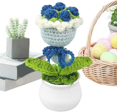 Haakbloemen Boeket - Gebreide Bloemen Kunstboeket - Woondecoratie - Handgemaakt - 15 cm Hoog - Blauw