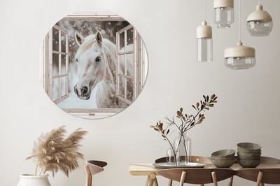 WallCircle - Wandcirkel - Muurcirkel - Paard - Wit - Winter - Sneeuw - Doorkijk - Dieren - Aluminium - Dibond - 140x140 cm - Binnen en Buiten