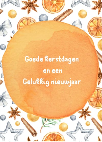 Aquarel kerstkaart in oranjetinten- Goede kerstdagen en een gelukkig nieuwjaar- Kwaliteitskaart 400 grams papier- Achterzijde voorbedrukt met adresregels