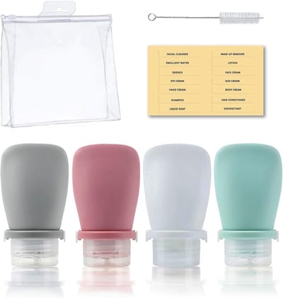 Famanu – Set van 4 siliconen reisflessen van 60 ml - lekvrij en hervulbaar - inclusief opbergtas - duurzaam materiaal - ideaal voor vloeistoffen zoals shampoo - conditioner en lotion tijdens reizen