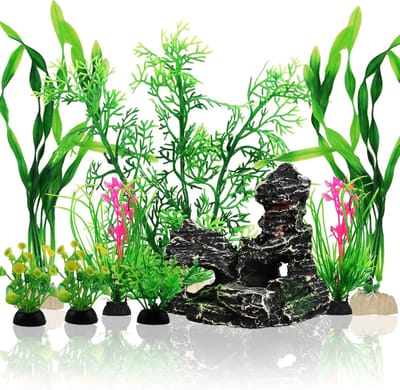 Set van 9 Groene Plastic Aquarium Planten met Hars, Decoratie voor Vissen en Tankornamenten