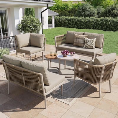 Modulaire Tuin Loungeset 5-Delig 114,5x61x67 cm Hoekbank + Fauteuil + Salontafels – Verstelbare Outdoor Lounge Set met Waterafstotende Kussens Beige – Laura