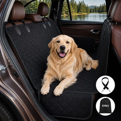 Strex Hondendeken Auto Achterbank en Kofferbak - 137 x 147 CM - Beschermhoes - Hondenkleed - Honden Deken Auto Achterbank - Incl. Hondenriem En Opbergzak - ZWART
