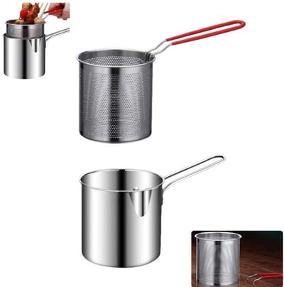 1 stuk - Kleine Frituur Pan - Inclusief Frituurmandje - Friteuse van roestvrij staal - Frituurpan met Korf - Ergonomisch ontworpen - handig voor het bakken van vis en koken