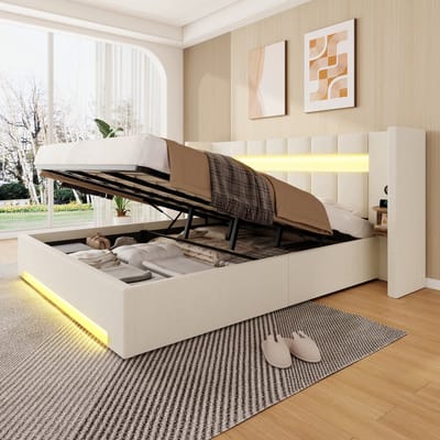 HAUSS SPOLE Gestoffeerd Bed 180x200 cm - Bed Met USB, LED en Opbergruimte - Zonder Matras - Hydraulisch Bed Van Fluweel - Beige