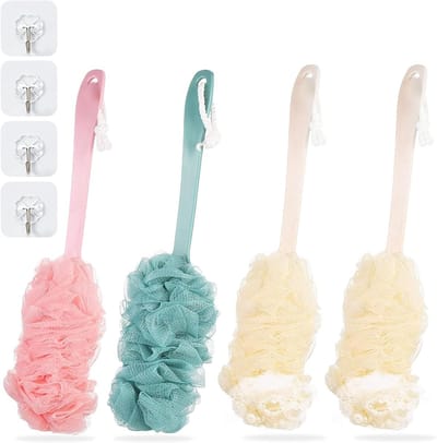 Zachte Bad Spons met Handvat, 4 Stuks Mesh Doucheborstel, Lange Handgreep voor Rugmassage en Scrubben